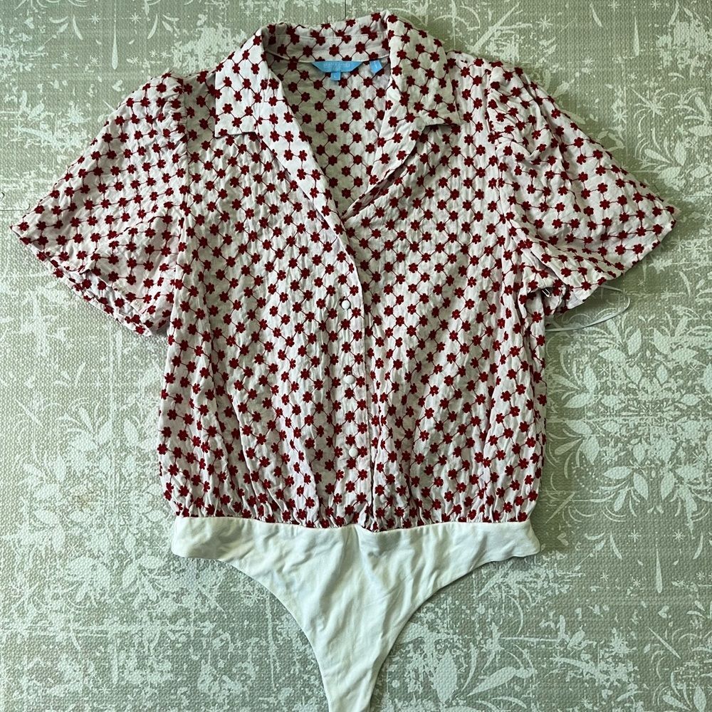 Draper James Red Floral Print Button-Front Bodysuit with White Trim